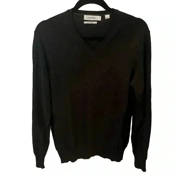 Calvin Klein Black Gray 100% Extra Fine Merino Wool V Neck Sweater Sz M - Picture 1 of 5